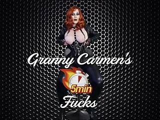 Granny Carmen boldly licks intense blue cock until massive cum explosion covers her