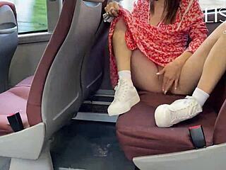 This hot Latina amateur in a dress flashes her small tits and wet pussy while masturbating on a crowded public bus