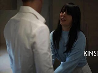 Keeping it in the distant family with shy brunette in miniskirt