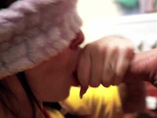 blindfolded brunette deepthroats big cock and gets facial in pov