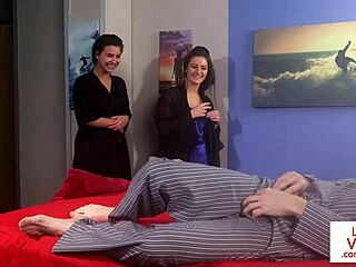 Cute femdoms in lingerie narrate sub guy's humiliation