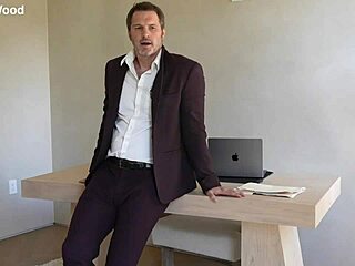 office boss tommy wood started jerking his huge cock in solo session. it ended with massive cumshot at work.