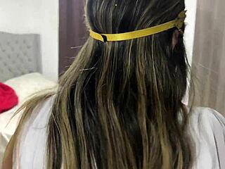 On Halloween night, the cute Latina teen asks for candies in a fun, playful way.