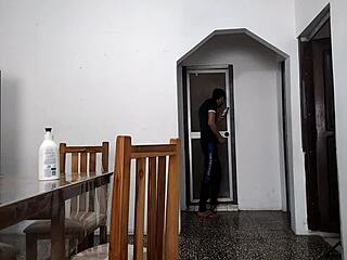 Dude, this perverted stepfather is masturbating while watching her big ass shake in the bathroom solo session