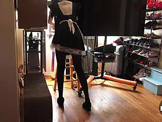French Maid in Stockings Vacuums the House