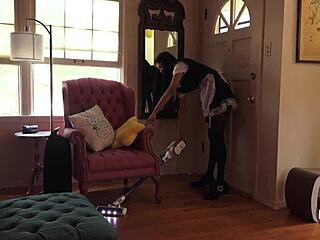 French Maid in Stockings Vacuums the House