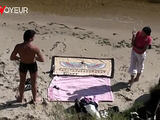 Watch this beach voyeur couple having risky doggystyle sex on public river coast