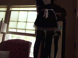 French Maid in Stockings Vacuums the House