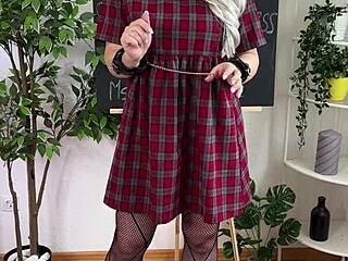 sexual wellness with handcuffs for mature blonde in lingerie and heels during solo fetish play