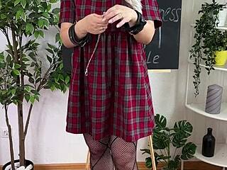 sexual wellness with handcuffs for mature blonde in lingerie and heels during solo fetish play