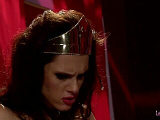 These cosplay lesbians grab strapons and dildos to fuck wildly in superhero threesome action