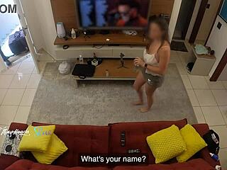 hot wife thay ksada lets delivery man suck her tits on sofa 😏