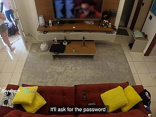 hot wife thay ksada lets delivery man suck her tits on sofa 😏