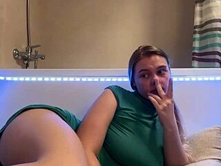 Sexy teen student fingers fat pussy to orgasm in bathroom with big natural tits bouncing wildly