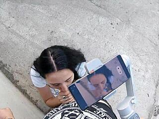 she begged me film her swallowing friend's huge load outdoors