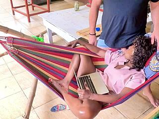 flow masturbates wet on balcony hammock, caught by curious eyes