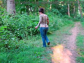 thong bodysuit clings tight as milf flashes her curves on the trail